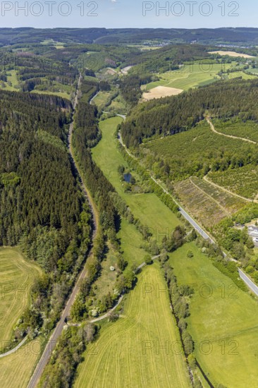 Aerial view, forest area Listertal, Meinerzhagen, Märkischer Kreis, Sauerland, North Rhine-Westphalia, Germany, DE, Europe, Listerstraße, aerial view, aerial photography, aerial photography, overview, bird's-eye view, forest area, forest dieback, birds-eyes view, overview