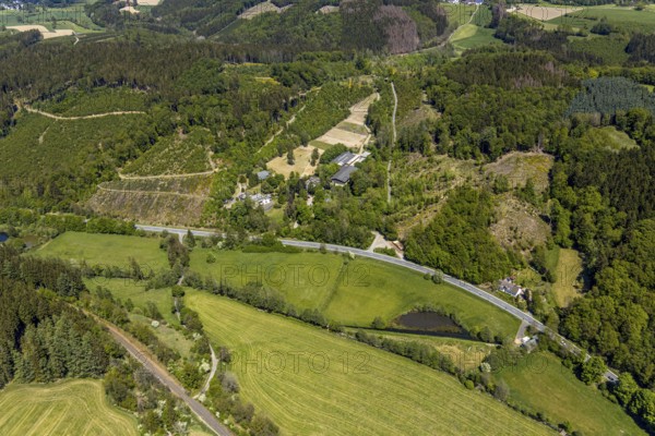 Aerial view, forest area Listertal, Listerhof, Meinerzhagen, Märkischer Kreis, Sauerland, North Rhine-Westphalia, Germany, DE, Europe, Listerstraße, aerial view, aerial photography, aerial photography, horses, equestrian sports, riding centre, riding school, riding stable, overview, bird's-eye view, forest area, forest dieback, birds-eyes view, overview