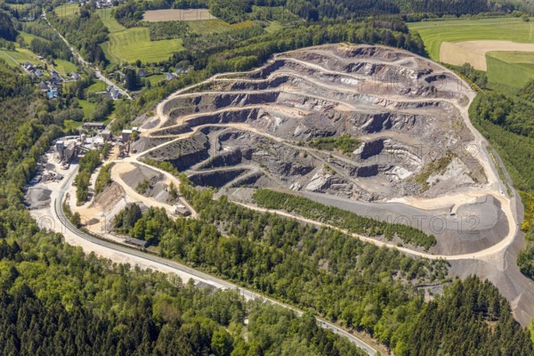 Aerial view, Listertal quarry, Westdeutsche Grauwacke-Union GmbH, Meinerzhagen, Märkischer Kreis, Sauerland, North Rhine-Westphalia, Germany, Bergisch-Westerwälder Hartsteinwerke, DE, Europe, hilly landscape, aerial view, aerial photography, aerial photography, quarry, overview, bird's-eye view, forest area, birds-eyes view, overview