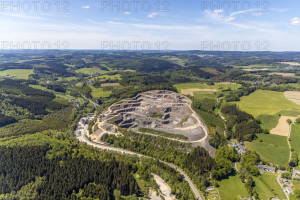 Aerial view, Listertal quarry, Westdeutsche Grauwacke-Union GmbH, Meinerzhagen, Märkischer Kreis, Sauerland, North Rhine-Westphalia, Germany, Bergisch-Westerwälder Hartsteinwerke, DE, Europe, hilly landscape, aerial view, aerial photography, aerial photography, quarry, overview, bird's-eye view, forest area, birds-eyes view, overview