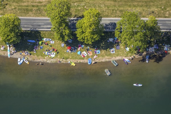 Aerial view, bathing area at the holiday village Listersee, Meinerzhagen, Märkischer Kreis, Sauerland, North Rhine-Westphalia, Germany, bathing area Windebruch, Corona measures, DE, Europe, leisure, sunbathing lawn, aerial view, aerial photography, aerial photography, lakeside road, overview, bird's eye view, forest area, bathing, birds-eyes view, overview