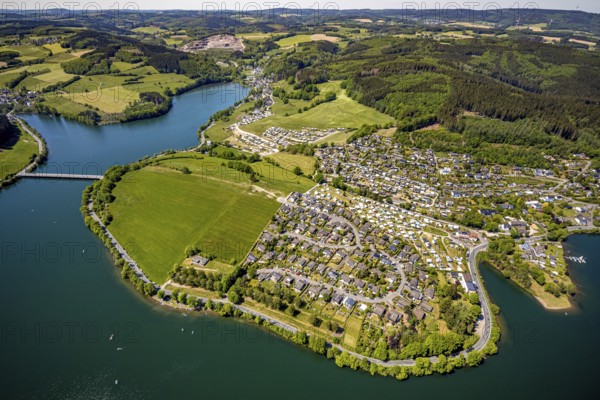 Aerial view, camping site Seeblick, holiday village Listersee, camping site Eckmann, Meinerzhagen, Märkischer Kreis, Sauerland, North Rhine-Westphalia, Germany, Badestelle Windebruch, DE, Europe, aerial view, aerial photography, aerial photography, lakeside road, overview, bird's eye view, forest area, birds-eyes view, overview