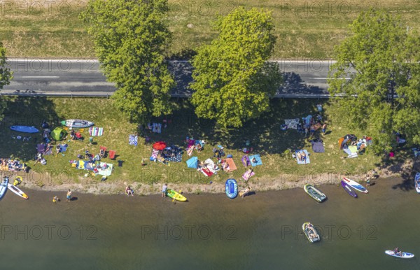 Aerial view, bathing area at the holiday village Listersee, Meinerzhagen, Märkischer Kreis, Sauerland, North Rhine-Westphalia, Germany, bathing area Windebruch, boats, Corona measures, DE, Europe, leisure, sunbathing lawn, aerial view, aerial photography, aerial photography, lakeside road, overview, bird's eye view, forest area, bathing, birds-eyes view, overview