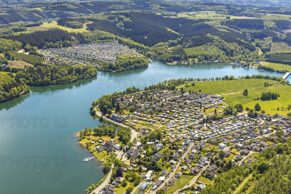 Aerial view, Camping site Seeblick, Holiday village Listersee, Camping site Eckmann, Camping site Gut Kalberschnacke, Meinerzhagen, Märkischer Kreis, Sauerland, North Rhine-Westphalia, Germany, Badestelle Windebruch, Camping, camping site, campsite, DE, Europe, leisure, leisure facility, leisure pool, leisure activities, aerial view, aerial photography, aerial photography, lakeside road, overview, bird's-eye view, forest area, birds-eyes view, overview