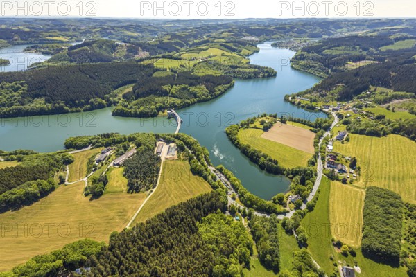 Aerial view, Lister dam, Meinerzhagen, Märkischer Kreis, Sauerland, North Rhine-Westphalia, Germany, DE, Europe, hilly landscape, aerial view, aerial photography, aerial photography, lake, sight, Lister storage power station, dam wall, dam, tower, overview, bird's-eye view, meadows and fields, birds-eyes view, overview