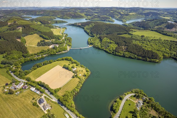 Aerial view, Lister dam, Meinerzhagen, Märkischer Kreis, Sauerland, North Rhine-Westphalia, Germany, DE, Europe, hilly landscape, aerial view, aerial photography, aerial photography, lake, sight, Lister storage power station, dam wall, dam, tower, overview, bird's-eye view, meadows and fields, birds-eyes view, overview