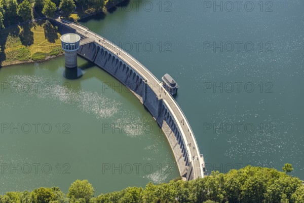 Aerial view, Lister dam, Meinerzhagen, Märkischer Kreis, Sauerland, North Rhine-Westphalia, Germany, DE, Europe, aerial view, aerial photography, aerial photography, lake, sight, Lister storage power station, dam wall, dam, tower, overview, bird's-eye view, overview