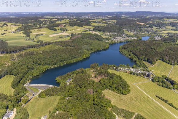 Aerial view, Lingesetalsperre, Meinerzhagen, Märkischer Kreis, Sauerland, North Rhine-Westphalia, Germany, DE, Europe, hilly landscape, aerial view, aerial photography, aerial photography, lake, dam, overview, bird's-eye view, forest area, meadows and fields, birds-eyes view, overview