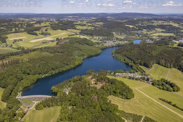 Aerial view, Lingesetalsperre, Meinerzhagen, Märkischer Kreis, Sauerland, North Rhine-Westphalia, Germany, DE, Europe, hilly landscape, aerial view, aerial photography, aerial photography, lake, dam, overview, bird's-eye view, forest area, meadows and fields, birds-eyes view, overview