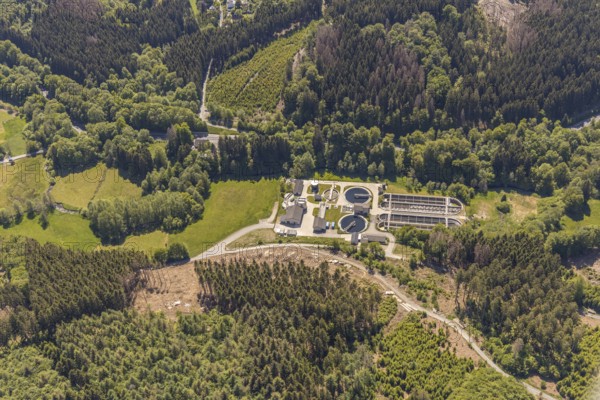Aerial photograph, Marienheide sewage treatment plant, Meinerzhagen, Märkischer Kreis, Sauerland, North Rhine-Westphalia, Germany, wastewater treatment, DE, Europe, sewage treatment plant, aerial photograph, aerial photography, aerial photography, overview, bird's-eye view, Wupperverband, birds-eyes view, overview