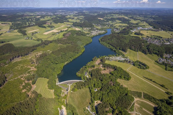 Aerial view, Lingesetalsperre, Meinerzhagen, Märkischer Kreis, Sauerland, North Rhine-Westphalia, Germany, DE, Europe, hilly landscape, aerial view, aerial photography, aerial photography, lake, dam, overview, bird's-eye view, forest area, meadows and fields, birds-eyes view, overview