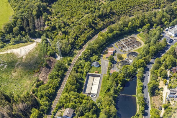 Aerial view, sewage treatment plant Meinerzhagen, Volmestraße, Meinerzhagen, Märkischer Kreis, Sauerland, North Rhine-Westphalia, Germany, DE, Europe, sewage treatment plant, aerial view, aerial photography, aerial photography, Ruhrverband, overview, bird's-eye view, overview