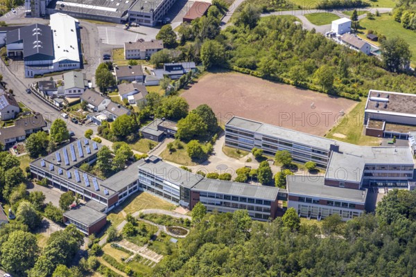 Aerial photo, Evangelisches Gymnasium, sports field, Meinerzhagen, Märkischer Kreis, Sauerland, North Rhine-Westphalia, Germany, education, educational institution, DE, Europe, grammar school, teaching institute, aerial photo, aerial photography, aerial photography, school, sports, sports facilities, sports facility, overview, bird's eye view, bird's eye view, overview