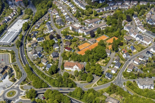 Aerial view, Wilhelm-Langemann-Haus nursing home, tennis facility Tennis-Club Grün-Weiß, music school Volmetal, Meinerzhagen, Märkischer Kreis, Sauerland, North Rhine-Westphalia, Germany, DE, Europe, Hit shopping centre, aerial view, aerial photography, aerial photography, sports, tennis, tennis facility, tennis courts, tennis club, overview, bird's-eye view, birds-eyes view, overview