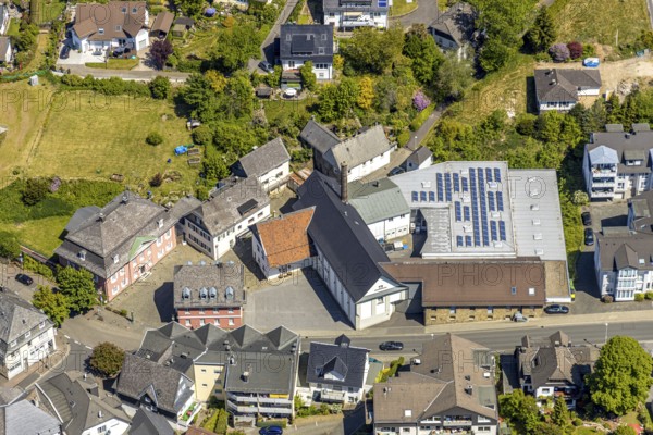 Aerial view, company building Krugmann Markenspirituosen GmbH, Meinerzhagen, Märkischer Kreis, Sauerland, North Rhine-Westphalia, Germany, DE, Europe, commercial enterprises, commercial space, commercial location, commercial use, aerial photograph, aerial photography, aerial photography, overview, bird's-eye view, birds-eyes view, overview