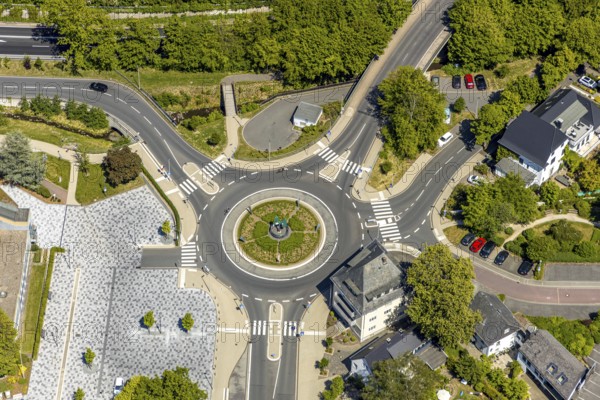 Aerial view, roundabout at the town hall, Meinerzhagen, Märkischer Kreis, Sauerland, North Rhine-Westphalia, Germany, DE, Europe, shapes and colours, roundabout, aerial view, aerial photography, aerial photography, overview, bird's-eye view, overview