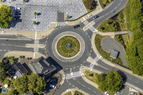 Aerial view, roundabout at the town hall, Meinerzhagen, Märkischer Kreis, Sauerland, North Rhine-Westphalia, Germany, DE, Europe, shapes and colours, roundabout, aerial view, aerial photography, aerial photography, overview, bird's-eye view, overview