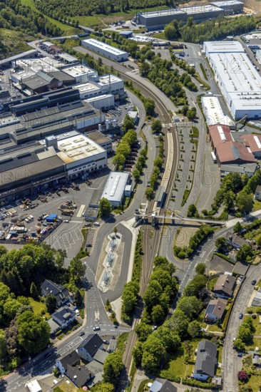 Aerial view, Meinerzhagen railway station, Meinerzhagen, Märkischer Kreis, Sauerland, North Rhine-Westphalia, Germany, railway tracks, railway station, station forecourt, DE, Deutsche Bahn AG, Europe, aerial view, aerial photography, aerial photography, overview, bird's-eye view, overview