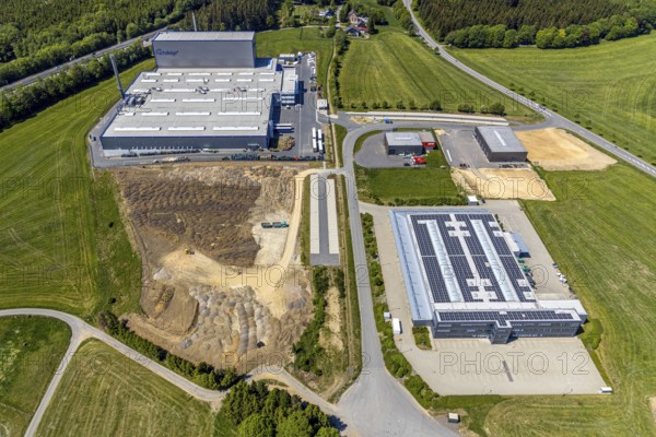Aerial view, Grünewald industrial estate, OTTO FUCHS Surface Technology GmbH & Co. KG, Presse-Distributions-Gesellschaft, Meinerzhagen, Märkischer Kreis, Sauerland, North Rhine-Westphalia, Germany, DE, Europe, commercial enterprises, commercial area, commercial park, commercial location, commercial use, Grünewald, industrial area, industrial location, aerial photograph, aerial photography, aerial photography, overview, bird's-eye view, bird's-eye view, overview