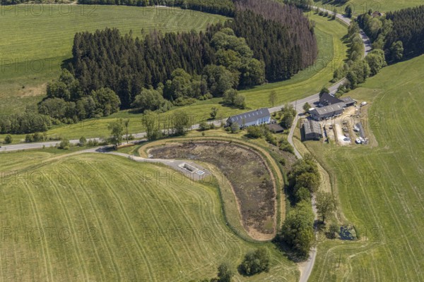 Aerial view, Neuenhaus, Gasthof Höll, dried up pond, Meinerzhagen, Märkischer Kreis, Sauerland, North Rhine-Westphalia, Germany, Buntelichte, DE, Europe, aerial view, aerial photography, aerial photography, overview, bird's eye view, forest area, meadows and fields, birds-eyes view, overview