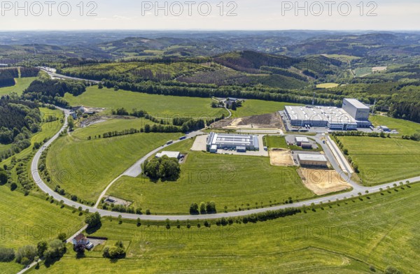 Aerial view, Grünewald industrial estate, OTTO FUCHS Surface Technology GmbH & Co. KG, Meinerzhagen, Märkischer Kreis, Sauerland, North Rhine-Westphalia, Germany, DE, Europe, commercial enterprises, commercial area, commercial park, commercial location, commercial use, Grünewald, industrial area, industrial location, aerial photograph, aerial photography, aerial photography, overview, bird's-eye view, birds-eyes view, overview