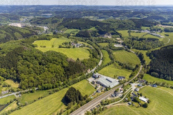 Aerial photo, Turk, Krummenerl, Meinerzhagen, Märkischer Kreis, Sauerland, North Rhine-Westphalia, Germany, DE, Europe, distant view, hilly landscape, aerial view, aerial photography, aerial photography, overview, bird's-eye view, forest area, meadows and fields, birds-eyes view, overview