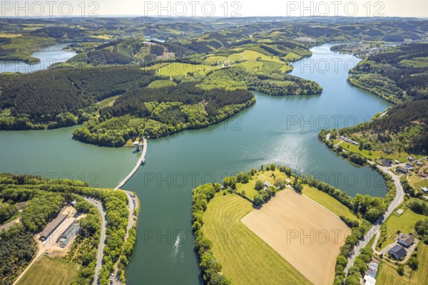 Aerial view, Lister dam, Meinerzhagen, Märkischer Kreis, Sauerland, North Rhine-Westphalia, Germany, DE, Europe, hilly landscape, aerial view, aerial photography, aerial photography, lake, sight, Lister storage power station, dam wall, dam, tower, overview, bird's-eye view, meadows and fields, birds-eyes view, overview
