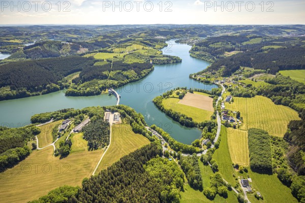 Aerial view, Lister dam, Meinerzhagen, Märkischer Kreis, Sauerland, North Rhine-Westphalia, Germany, DE, Europe, hilly landscape, aerial view, aerial photography, aerial photography, lake, sight, Lister storage power station, dam wall, dam, tower, overview, bird's-eye view, meadows and fields, birds-eyes view, overview