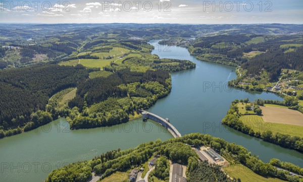 Aerial view, Lister dam, Meinerzhagen, Märkischer Kreis, Sauerland, North Rhine-Westphalia, Germany, DE, Europe, hilly landscape, aerial view, aerial photography, aerial photography, lake, sight, Lister storage power station, dam wall, dam, tower, overview, bird's-eye view, meadows and fields, birds-eyes view, overview