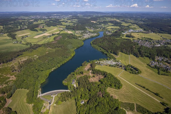 Aerial view, Lingesetalsperre, Meinerzhagen, Märkischer Kreis, Sauerland, North Rhine-Westphalia, Germany, DE, Europe, hilly landscape, aerial view, aerial photography, aerial photography, lake, dam, overview, bird's-eye view, forest area, meadows and fields, birds-eyes view, overview