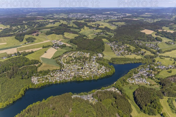 Aerial view, Lingesetalsperre, Meinerzhagen, Märkischer Kreis, Sauerland, North Rhine-Westphalia, Germany, DE, Europe, hilly landscape, aerial view, aerial photography, aerial photography, lake, dam, overview, bird's-eye view, forest area, meadows and fields, birds-eyes view, overview