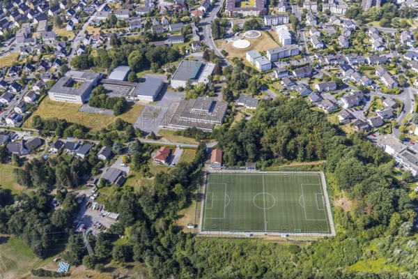 Aerial view, former school centre Bieberberg, sports hall Am Habicht, old secondary school Lendringsen, old secondary school Lendringsen, sports field, Menden, Sauerland, Märkischer Kreis, North Rhine-Westphalia, Germany, DE, Europe, football pitch, football stadium, aerial view, aerial photography, aerial photography, school, sports, sports facilities, sports facility, overview, bird's-eye view, former schools, overview, decommissioned, dilapidated, destroyed building