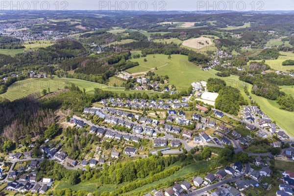 Aerial view, residential area Sankt-Cyr-Allee, Ländlicher Reit- und Fahrverein Meinerzhagen, Meinerzhagen, Märkischer Kreis, Sauerland, North Rhine-Westphalia, Germany, DE, Europe, property tax, hilly landscape, real estate, aerial view, aerial photography, aerial photography, overview, bird's-eye view, meadows and fields, housing estate, living and living, residential area, residential buildings, residential quality, housing estate, birds-eyes view, overview
