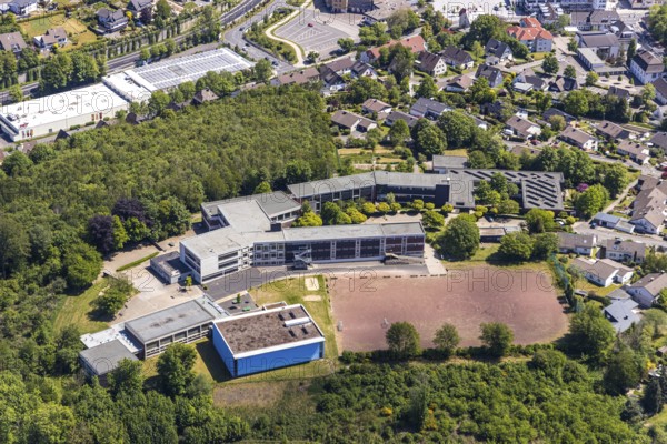 Aerial photo, Evangelisches Gymnasium, sports field, Meinerzhagen, Märkischer Kreis, Sauerland, North Rhine-Westphalia, Germany, education, educational institution, DE, Europe, grammar school, teaching institute, aerial photo, aerial photography, aerial photography, school, sports, sports facilities, sports facility, overview, bird's eye view, bird's eye view, overview