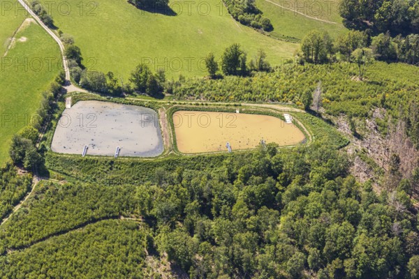 Aerial view, ponds at Volmestraße, sewage treatment plant, Meinerzhagen, Märkischer Kreis, Sauerland, North Rhine-Westphalia, Germany, DE, Europe, aerial view, aerial photography, aerial photography, overview, bird's-eye view, overview