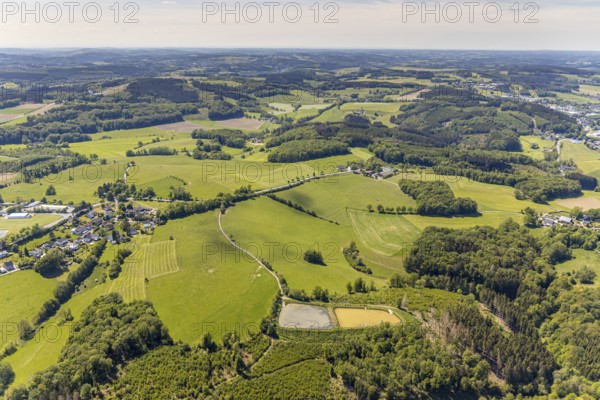 Aerial view, ponds at Volmestraße, sewage treatment plant, Meinerzhagen, Märkischer Kreis, Sauerland, North Rhine-Westphalia, Germany, DE, Europe, aerial view, aerial photography, aerial photography, overview, bird's-eye view, overview