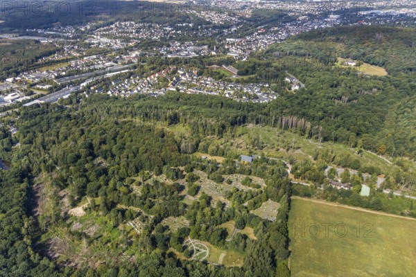 Aerial view, forest cemetery Am Limberg, view of Rauherfeld and Menden, Menden, Sauerland, Märkischer Kreis, North Rhine-Westphalia, Germany, burial ground, DE, Europe, cemetery, memorial, Gottesacker, graves, burial ground, aerial photograph, aerial photography, aerial photography, resting place, overview, bird's-eye view, forest area, birds-eyes view, cleared forest areas, overview