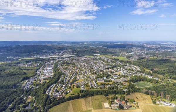 Aerial view, view of Lendringsen, Bieberhof boarding stable, Menden, Sauerland, Märkischer Kreis, North Rhine-Westphalia, Germany, Bieberhof, federal road B515, DE, Europe, distant view, commercial enterprises, commercial area, commercial location, commercial use, property tax, real estate, industrial area, industrial site, aerial view, aerial photography, aerial photography, horses, horse boarding, equestrian sports, horse breeding, overview, bird's-eye view, wooded area, meadows and fields, residential area, housing and living, residential area, residential buildings, residential quality, residential neighbourhood, housing estate, birds-eyes view, overview