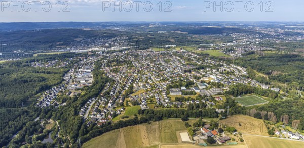 Aerial view, view of Lendringsen, Bieberhof boarding stable, Menden, Sauerland, Märkischer Kreis, North Rhine-Westphalia, Germany, Bieberhof, federal road B515, DE, Europe, distant view, commercial enterprises, commercial area, commercial location, commercial use, property tax, real estate, industrial area, industrial site, aerial view, aerial photography, aerial photography, horses, horse boarding, equestrian sports, horse breeding, overview, bird's-eye view, wooded area, meadows and fields, residential area, housing and living, residential area, residential buildings, residential quality, residential neighbourhood, housing estate, birds-eyes view, overview