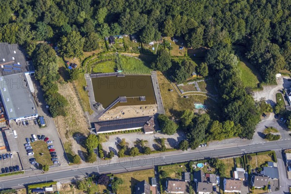 Aerial view, former natural swimming pool Biebertal, Menden, Sauerland, Märkischer Kreis, North Rhine-Westphalia, Germany, bathing resort, DE, Europe, outdoor swimming pool, garden friends Biebertal, aerial view, aerial photography, aerial photography, swimming pool, swimming pool, overview, bird's-eye view, overview