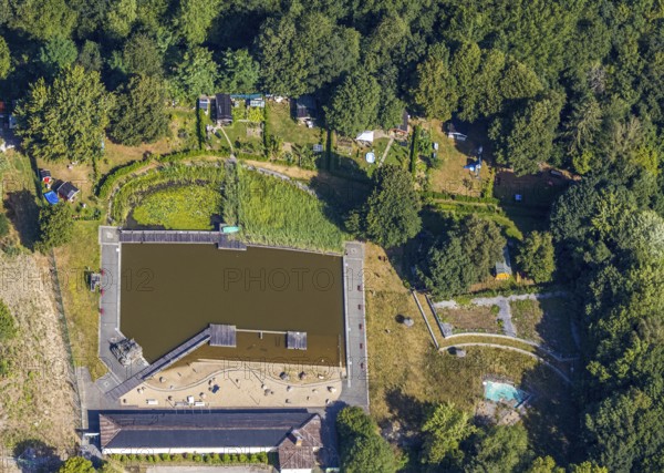 Aerial view, former natural swimming pool Biebertal, Menden, Sauerland, Märkischer Kreis, North Rhine-Westphalia, Germany, bathing resort, DE, Europe, outdoor swimming pool, garden friends Biebertal, aerial view, aerial photography, aerial photography, swimming pool, swimming pool, overview, bird's-eye view, overview