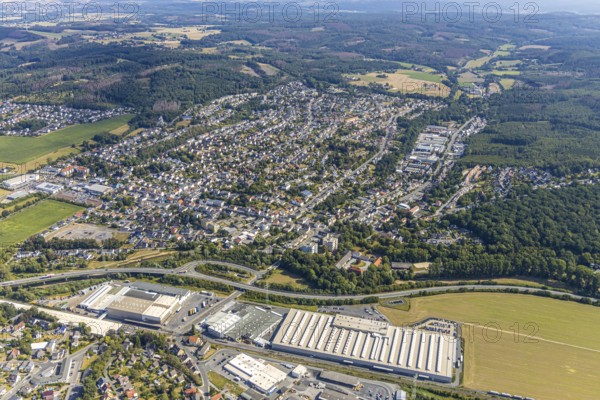 Aerial view, aerial view of Lendringsen, Menden, Sauerland, Märkischer Kreis, North Rhine-Westphalia, Germany, federal road B515, DE, Europe, distant view, commercial enterprises, commercial area, commercial location, commercial use, property tax, real estate, industrial area, industrial site, aerial view, aerial photography, aerial photography, Obo Bettermann, overview, bird's-eye view, forest area, meadows and fields, residential area, housing and living, residential area, residential buildings, residential quality, residential neighbourhood, housing estate, birds-eyes view, overview