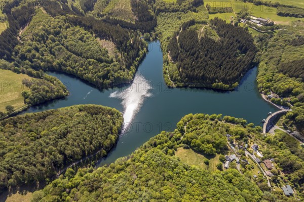 Aerial view, Fürwiggetalsperre, Meinerzhagen, Märkischer Kreis, Sauerland, North Rhine-Westphalia, Germany, DE, Europe, hilly landscape, aerial view, aerial photography, aerial photography, lake, sight, dam wall, dam, overview, bird's-eye view, forest area, meadows and fields, birds-eyes view, overview