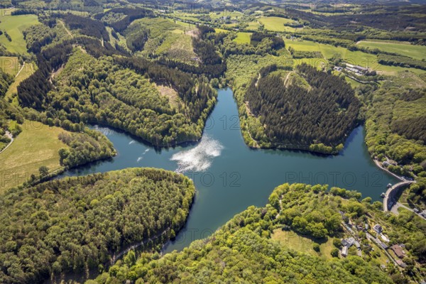 Aerial view, Fürwiggetalsperre, Meinerzhagen, Märkischer Kreis, Sauerland, North Rhine-Westphalia, Germany, DE, Europe, hilly landscape, aerial view, aerial photography, aerial photography, lake, sight, dam wall, dam, overview, bird's-eye view, forest area, meadows and fields, birds-eyes view, overview