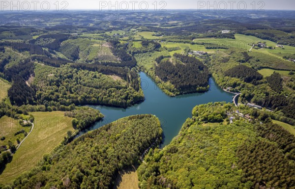 Aerial view, Fürwiggetalsperre, Meinerzhagen, Märkischer Kreis, Sauerland, North Rhine-Westphalia, Germany, DE, Europe, hilly landscape, aerial view, aerial photography, aerial photography, lake, sight, dam wall, dam, overview, bird's-eye view, forest area, meadows and fields, birds-eyes view, overview