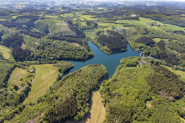 Aerial view, Fürwiggetalsperre, Meinerzhagen, Märkischer Kreis, Sauerland, North Rhine-Westphalia, Germany, DE, Europe, hilly landscape, aerial view, aerial photography, aerial photography, lake, sight, dam wall, dam, overview, bird's-eye view, forest area, meadows and fields, birds-eyes view, overview