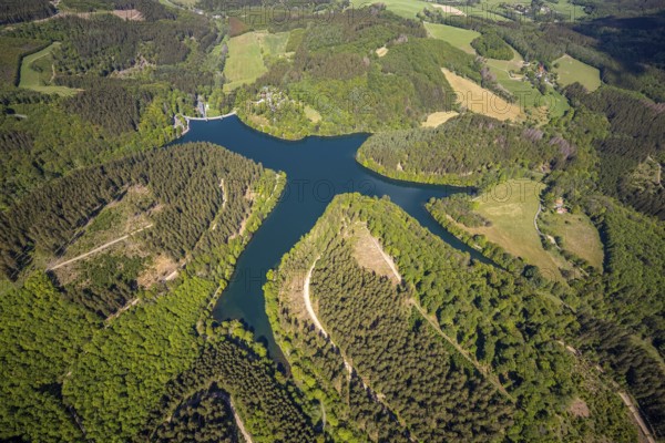 Aerial view, Fürwiggetalsperre, Meinerzhagen, Märkischer Kreis, Sauerland, North Rhine-Westphalia, Germany, DE, Europe, shapes and colours, hilly landscape, aerial view, aerial photography, aerial photography, lake, sight, dam wall, reservoir, overview, bird's-eye view, forest area, meadows and fields, birds-eyes view, overview