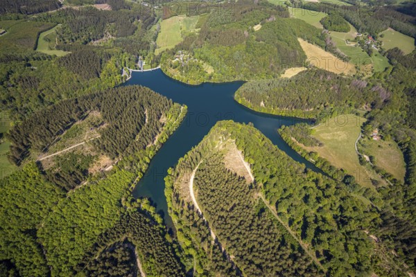 Aerial view, Fürwiggetalsperre, Meinerzhagen, Märkischer Kreis, Sauerland, North Rhine-Westphalia, Germany, DE, Europe, shapes and colours, hilly landscape, aerial view, aerial photography, aerial photography, lake, sight, dam wall, reservoir, overview, bird's-eye view, forest area, meadows and fields, birds-eyes view, overview