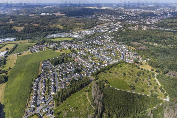 Aerial view, local view, residential area Menderner Straße, commercial area Dieselweg, Menden, Sauerland, Märkischer Kreis, North Rhine-Westphalia, Germany, Am Limberg, DE, Europe, distant view, commercial enterprises, commercial area, commercial area, commercial location, commercial use, property tax, real estate, industrial area, industrial site, aerial view, aerial photography, aerial photography, overview, bird's-eye view, forest area, residential area, living and living, residential area, residential buildings, residential quality, residential neighbourhood, housing estate, birds-eyes view, cleared forest areas, overview