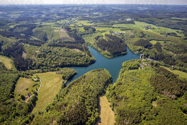 Aerial view, Fürwiggetalsperre, Meinerzhagen, Märkischer Kreis, Sauerland, North Rhine-Westphalia, Germany, DE, Europe, hilly landscape, aerial view, aerial photography, aerial photography, lake, sight, dam wall, dam, overview, bird's-eye view, forest area, meadows and fields, birds-eyes view, overview
